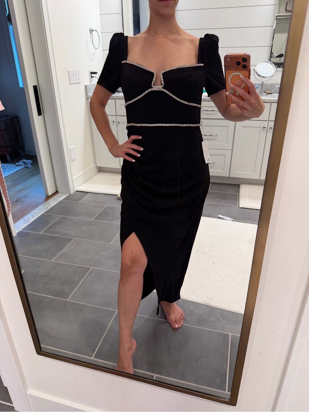 Self-Portrait Black Midi Dress with Crystal Trim